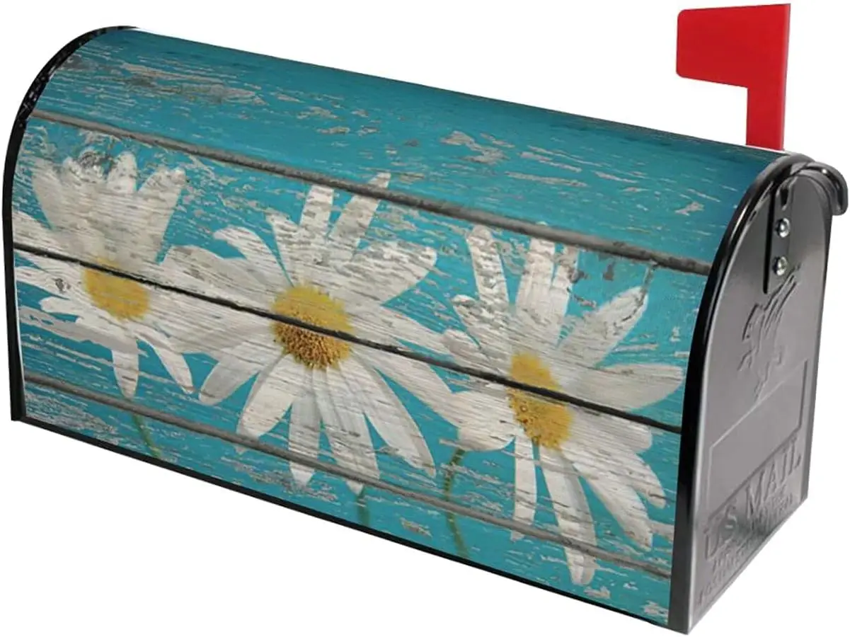 Rustic Spring Daisy Mailbox Covers Magnetic Standard Size 21x18 Inch Teal Old Wood Board Mailbox Decals Wrap Post Letter