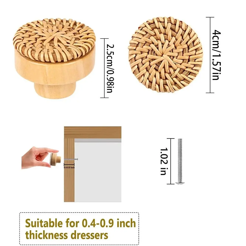 2Pcs Solid Wood Rattan Drawer Knobs Round Single Hole Cabinets Dresser Handles DIY Wooden Door Pulls