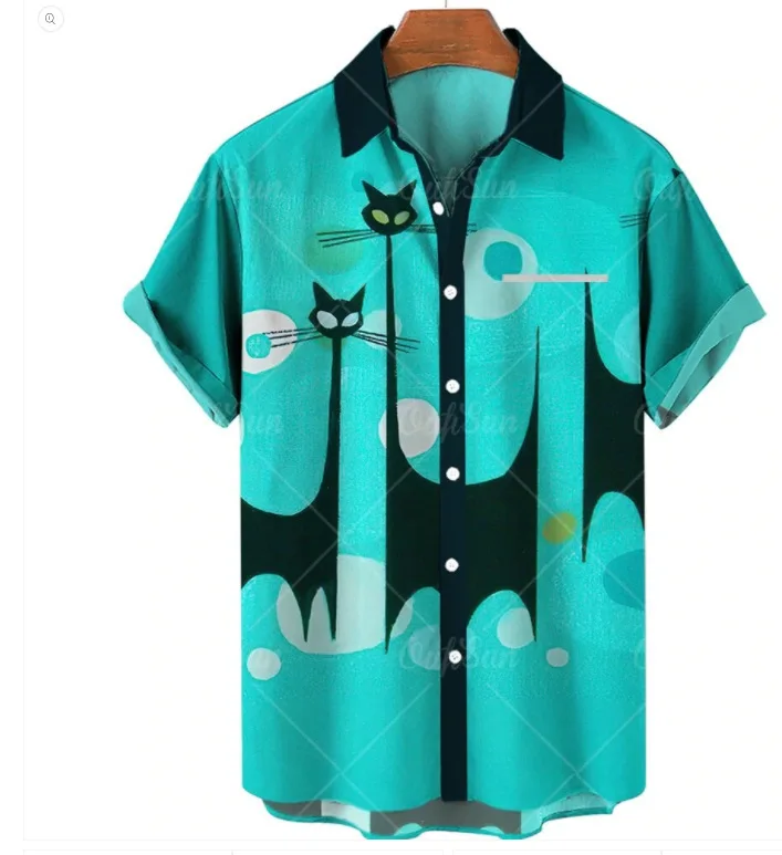 

Summer Black Cat 3d Hawaiian Shirt Man Oversized Casual Men's Shirts Streetwear Beach Male Tops Short Sleeve Blouse Trendy Tees