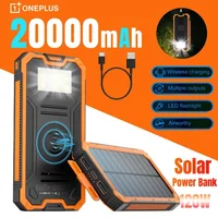 20000mAh Solar Power Bank Large Capacity Wireless Fast Charging Built in Cable With LED Light Enmergency Battery For iPhone New