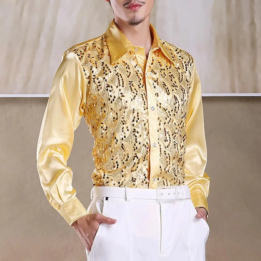 

Men Sequins Performance Shirt Lapel Long Sleeve Single-Breasted Wedding Stage Shirt Slim Fit Formal Casual Shirt Tops