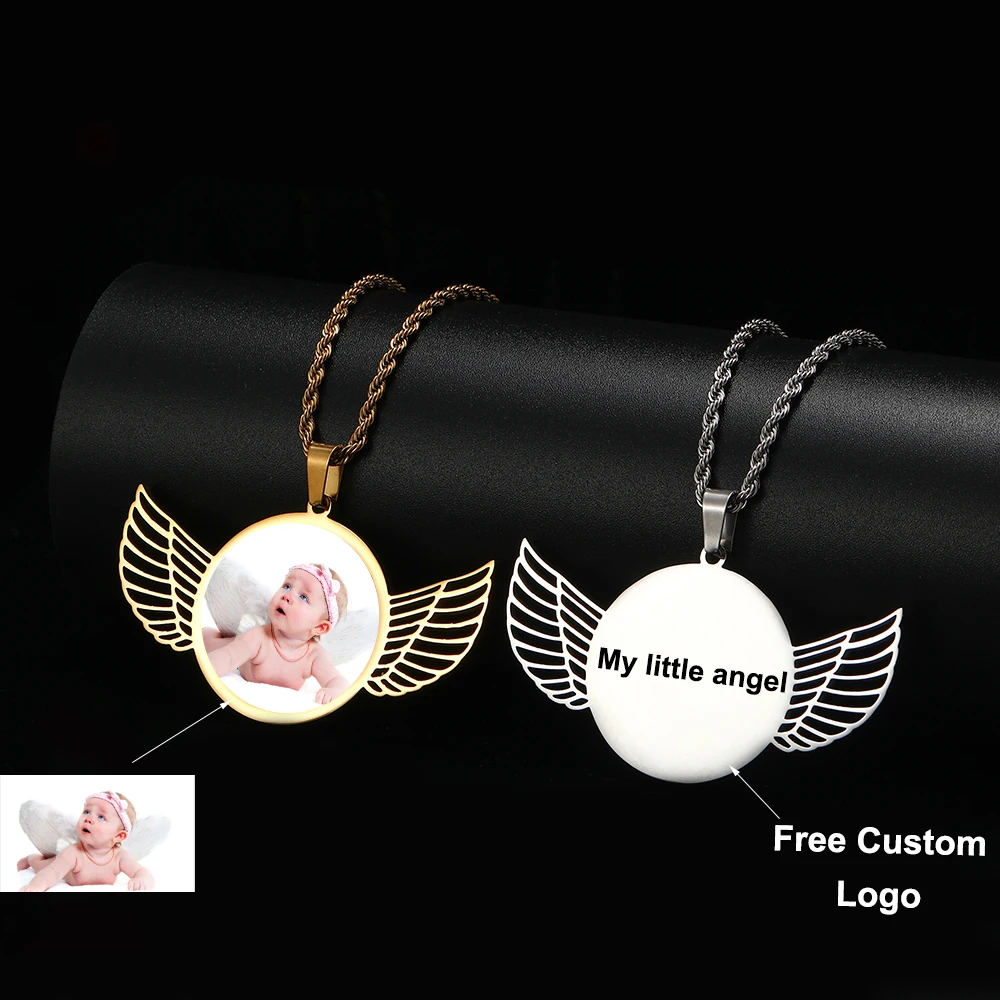 Photo Pendant Hip Hop Angel Wings 18K Gold Plated Stainless Steel Jewelry Custom Necklace Souvenir