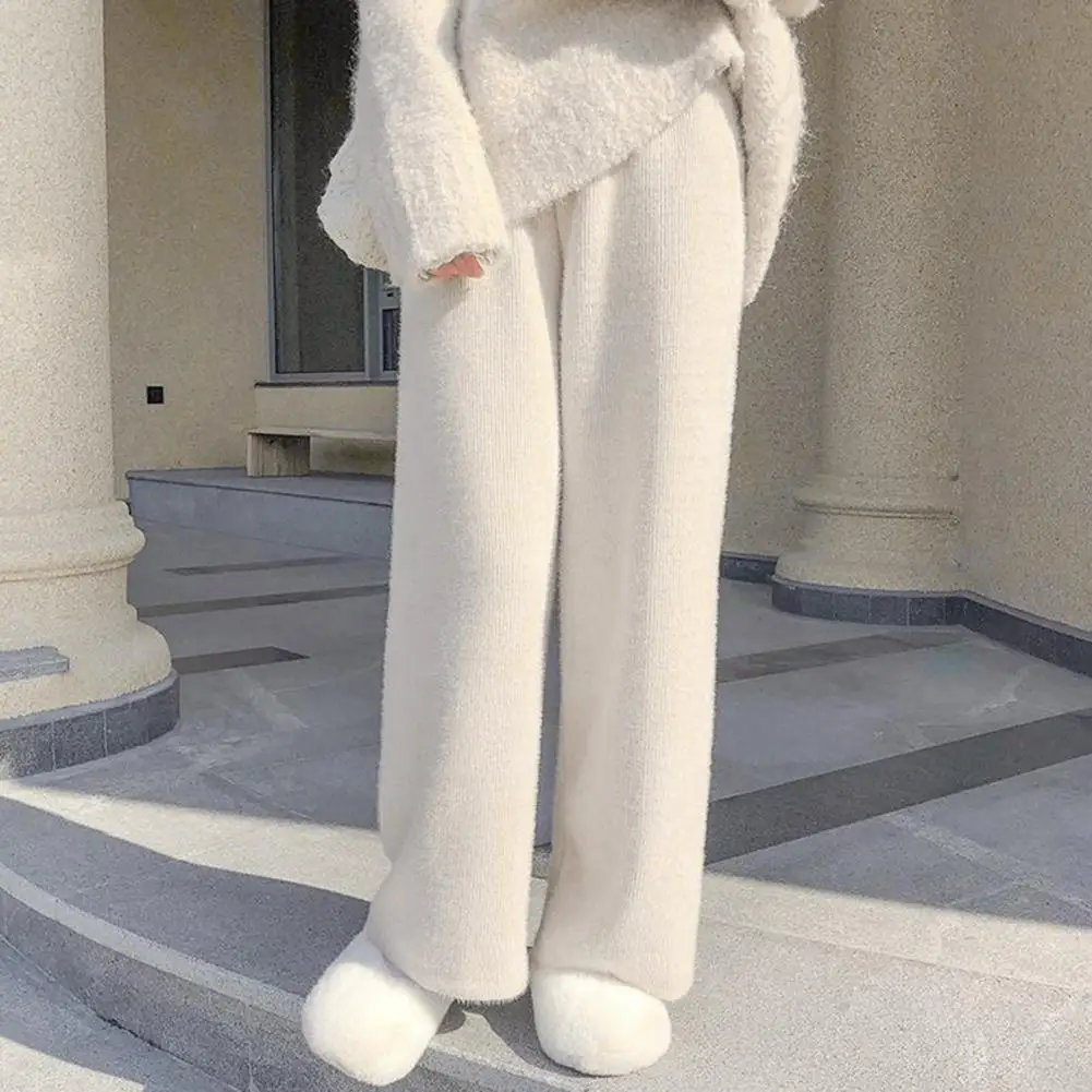 

Women Polyester Pants Elastic Waist Wide-leg Pants High Waist Knitwear Wide Leg Pants Soft Polyester Solid Color for Autumn