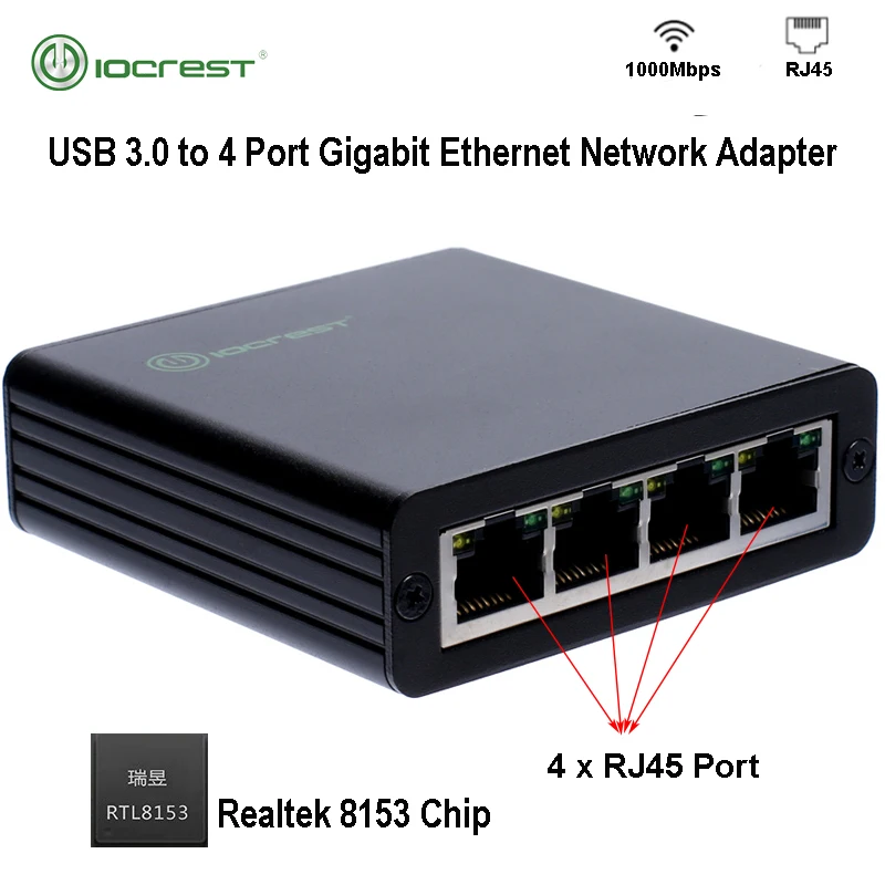 IOCREST USB3.0 to 4 Ports 10/100/1000M Gigabit Adapter 10/100