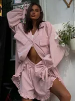 Oymimi Elegant Pink Cotton Sets For Women 2 Pieces Fashion Pockets Long Sleeve Lace-Up Shirts And High Waist Ruffled Shorts Sets - Image 3