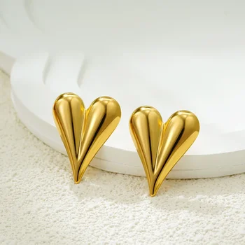 Trendy Fashion 18K Gold Plated Slender Heart Shape Stud Earrings for Women Punk Stainless Steel Jewelry Party Gifts