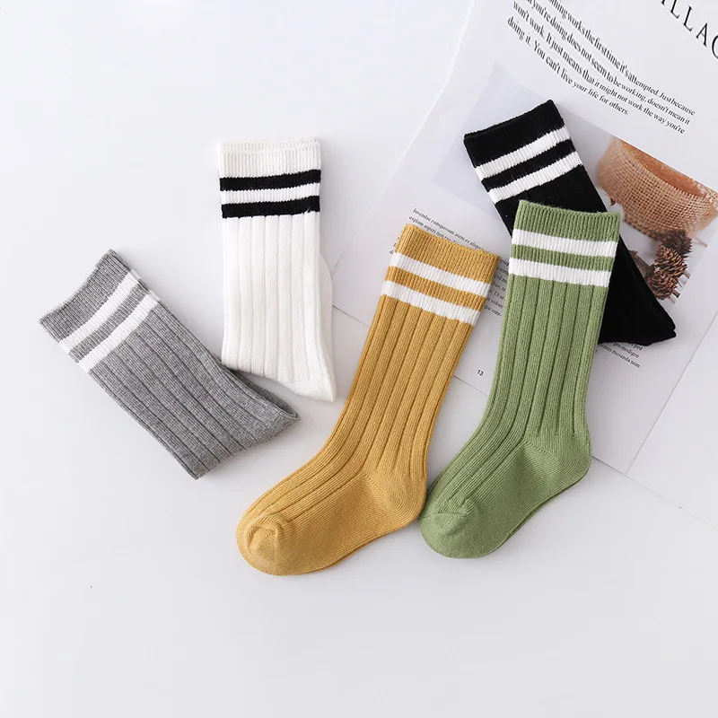 Cotton Baby Boys Girls Knee High Long Socks Classic White Stripes Solid Breathable Double Needle Children School Uniform Socks Kids Socks