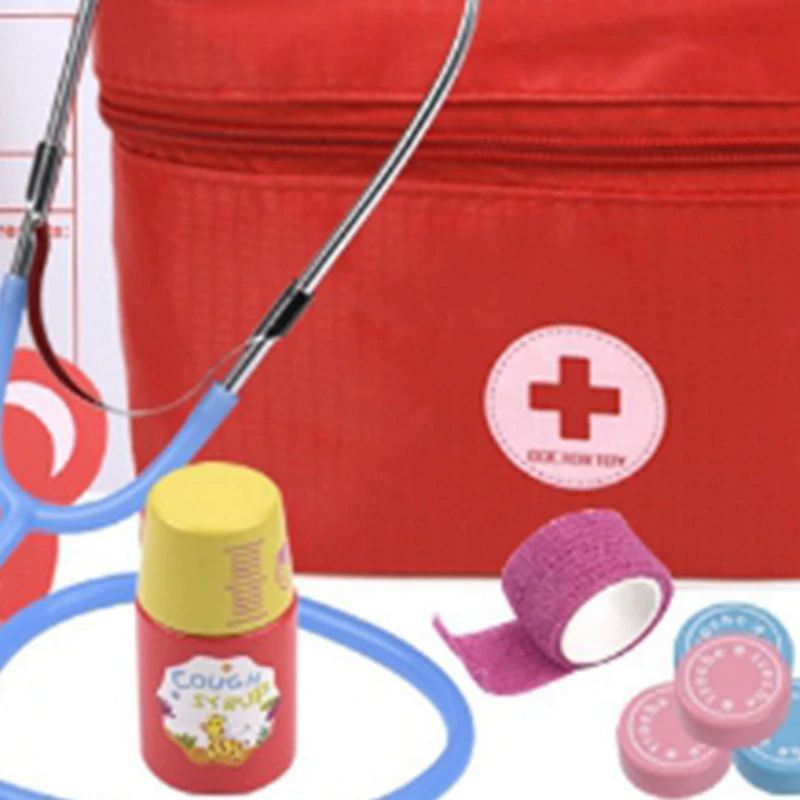 A72I Doctor Toys for Children Set Kids Wooden Pretend Play Kit Games for Girl Boy Red Medical Dentist Medicine Box