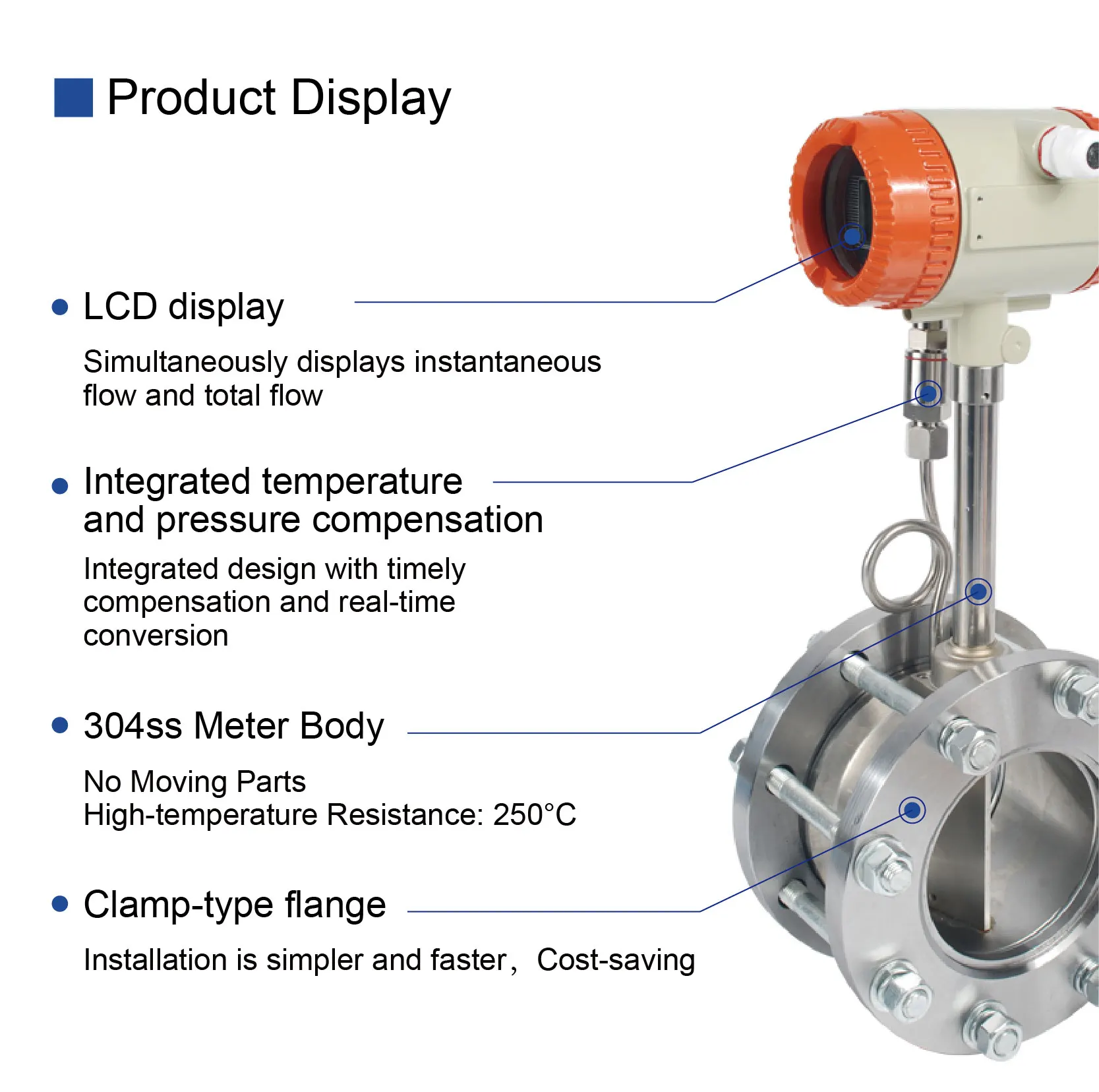 LUGB-XX Vortex Flow Meter Steam Hot Oil Flowmeter 304 Stainless Steel 24V 4-20mA