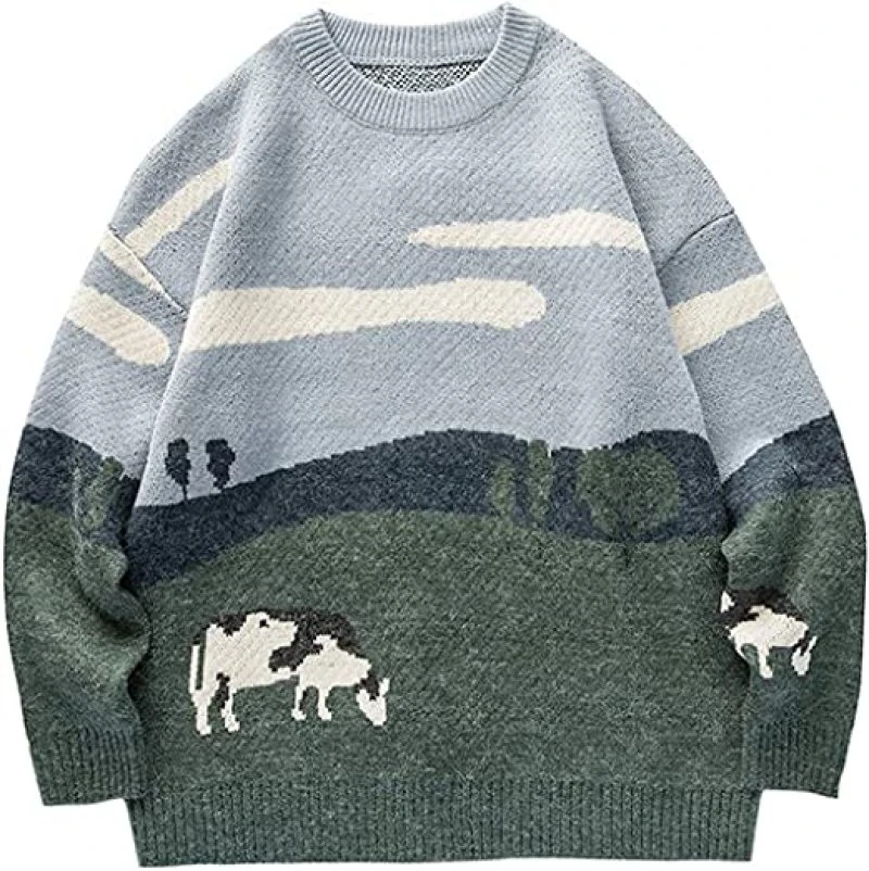 Mens Grassland Cow Vintage Oversize Knitted Sweater Unisex Oversized