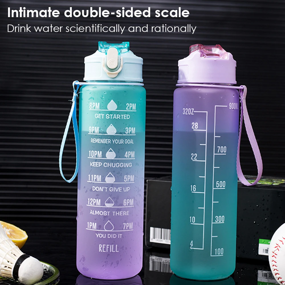 New Sports Water Bottle With Straw Time Marker Leakproof Cold