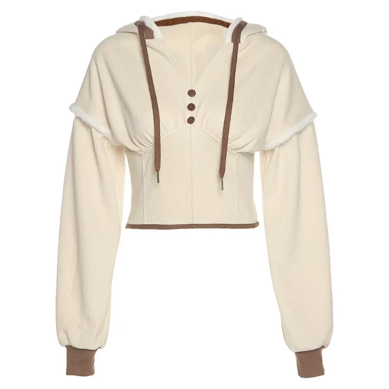 Pullover Pure Color Knitted Hoodie Patchwork Button Long Sleeve Waist Short Hoodie Women's All-match Pullover Warm Clothes