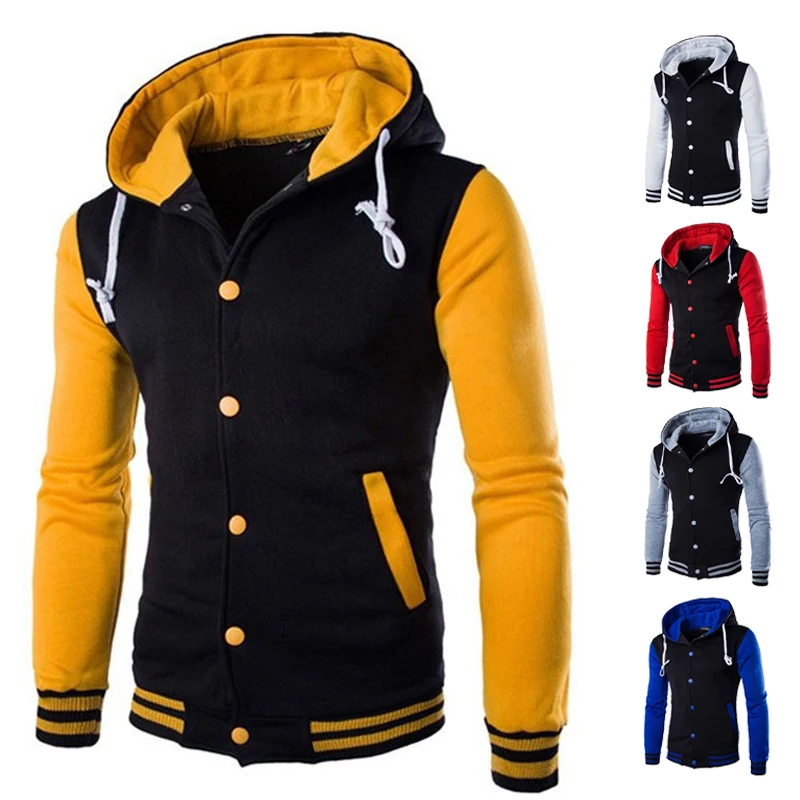 

Men College Varsity Jacket With Hood Color Block Hoodie Letterman Baseball Jacket For Men Winter Jaqueta Chaqueta Varsity Hombre