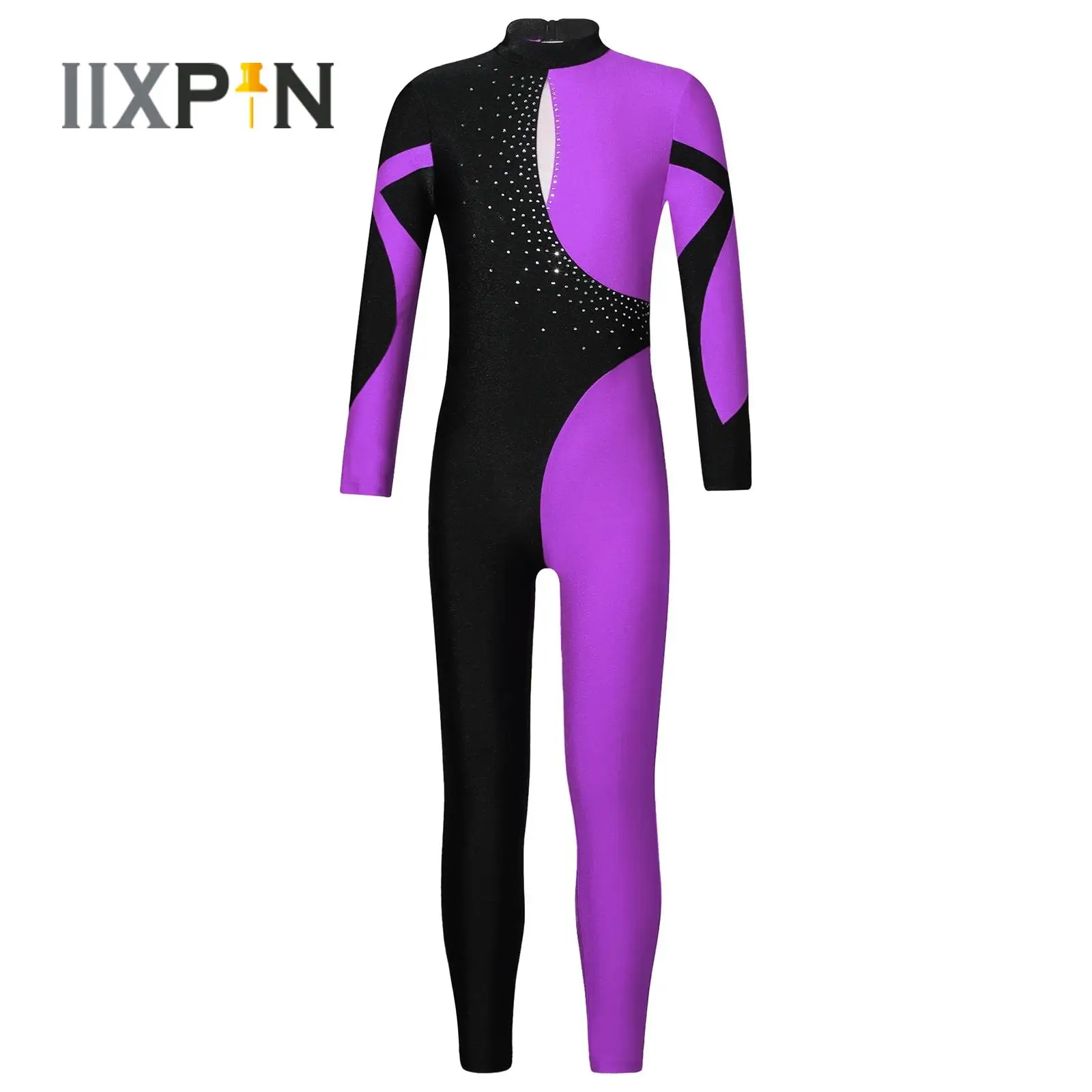 

Kids Girls Ballet Dance Jumpsuit Long Sleeve Shiny Rhinestone Contrast Color Splice Gymnastics Figure Skating Leotard Dancewear