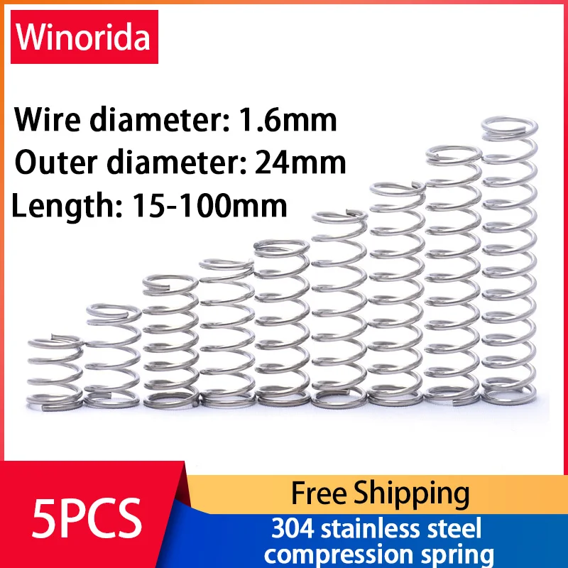 304 Stainless Steel Compression Spring Return Spring Steel Wire Diameter 1.6mm Outside Diameter 24mm Pressure Spring 5Pcs