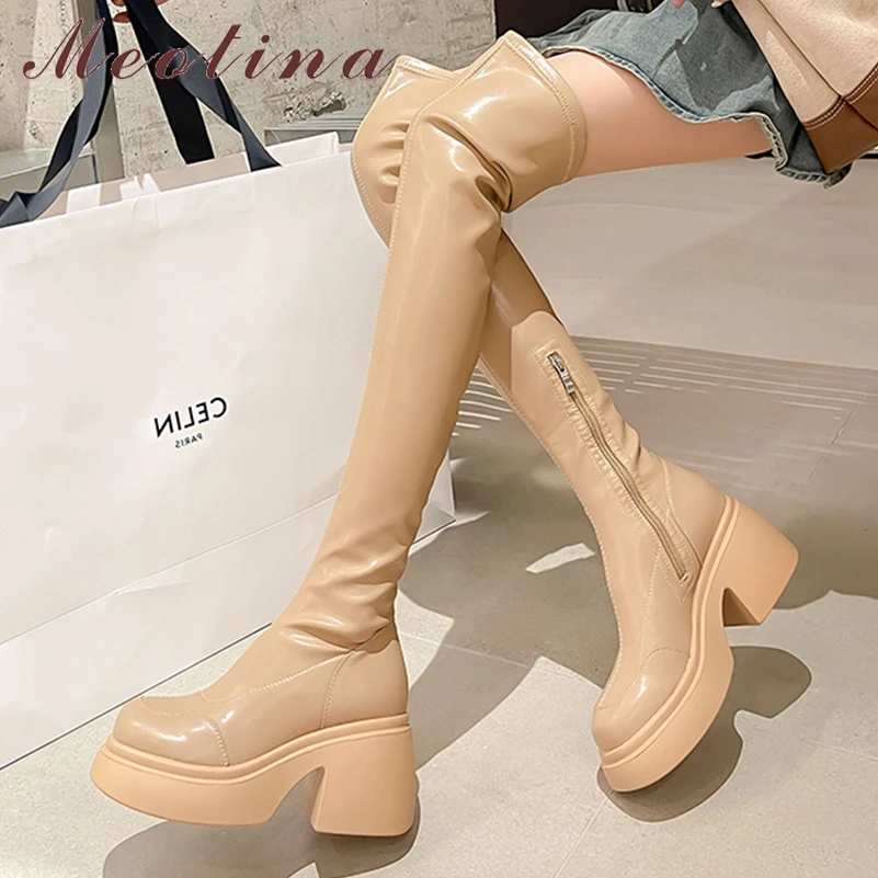 

Женские ботфорты из натуральной кожи Meotina, осенне-зимние высокие сапоги на платформе и толстом высоком каблуке, с круглым носком, на молнии