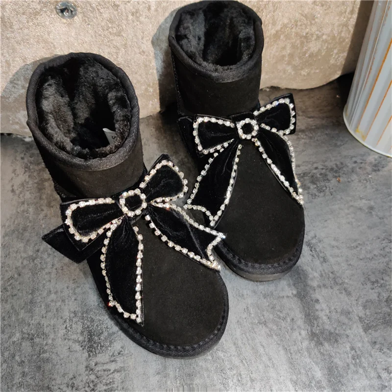 

Bow Pearl hand-made winter plus fleece warm boots Fur one-piece boots women's plus size 35-44