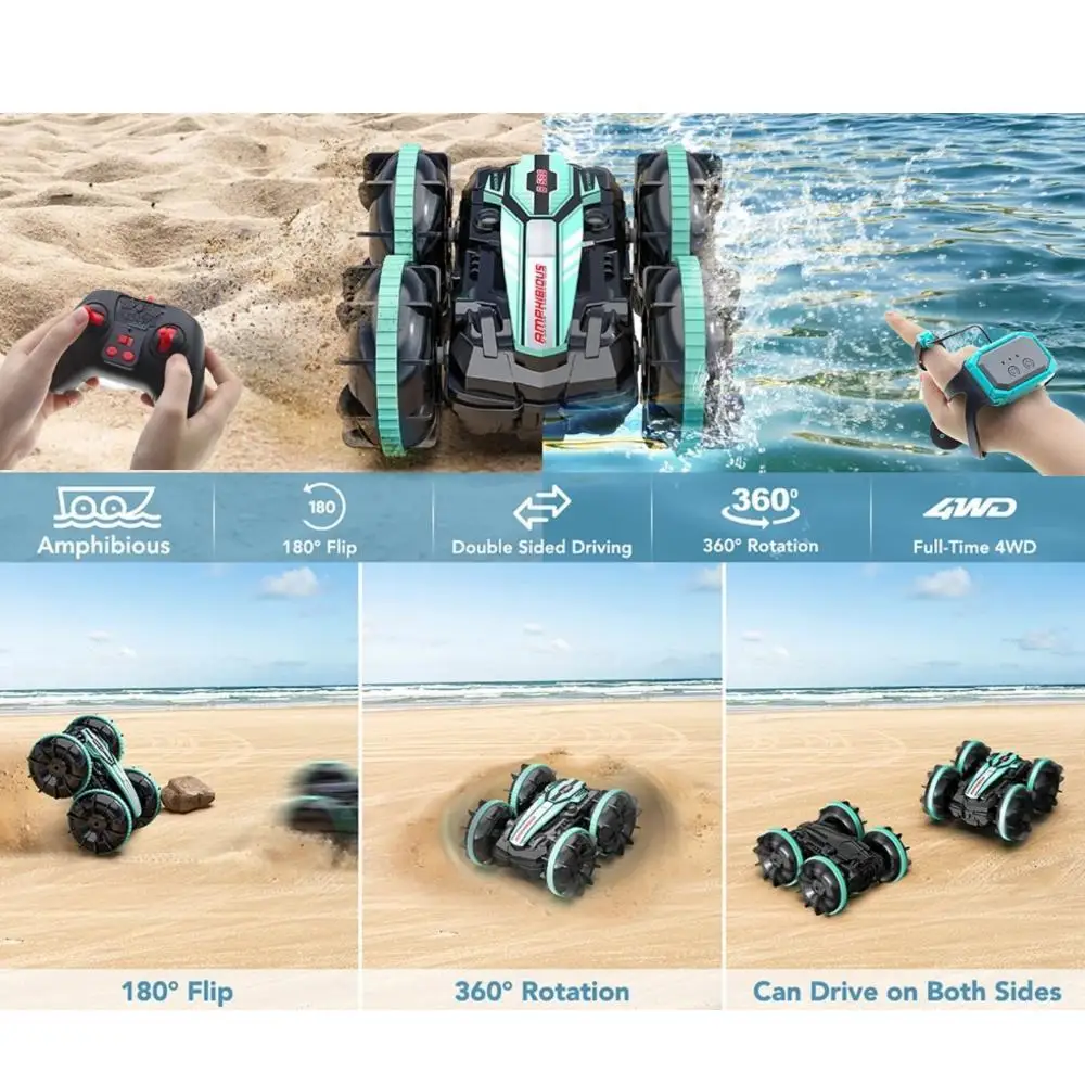 남아용 2.4G RC 스턴트 자동차 장난감, 원격 및 시계 제어, 양면 플립 운전, 수륙 양용 드리프트 자동차 장난감, 어린이 생일 선물