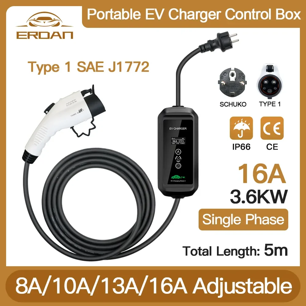 

ERDAN 3.6KW Electric vehicle Schuko Plug Type 1 Portable EV Charger 16A Adjusting Current EV Charging Cable