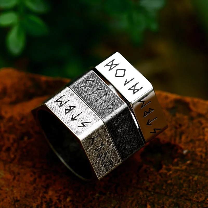 BEIER 2023 New Creative Style 316L Stainless Steel Hexagon Viking Nordic Runes Ring For Men Fashion Biker Cool Jewelry Gift