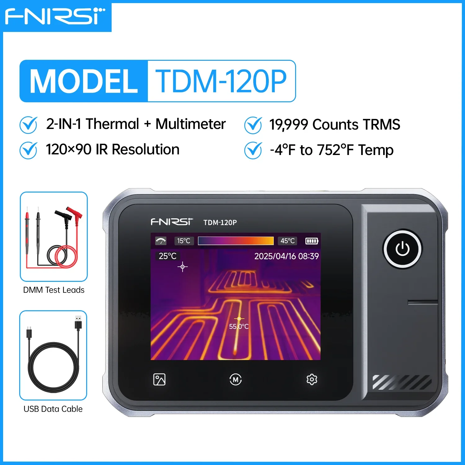 FNIRSI TDM-120P 멀티미터 열화상 적외선 카메라 테스터 AC 750V/DC 1000V 저항 정전용량 120x90 IR