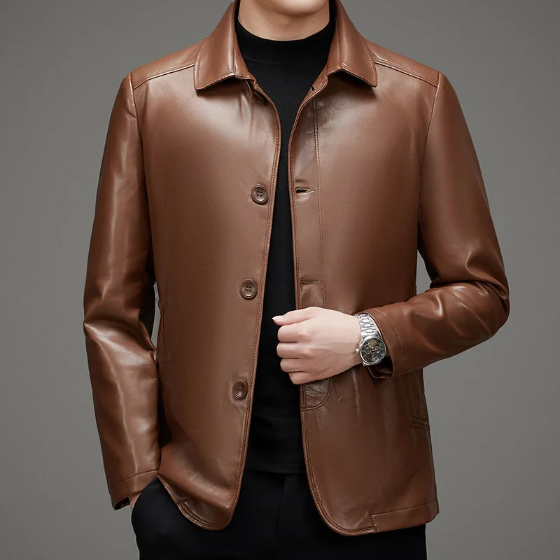 2023 New High-End Men Leather Jacket Middle-Aged Leisure Dad Leather Coat Lapel Casual Solid Color Large Size Outwear Trend