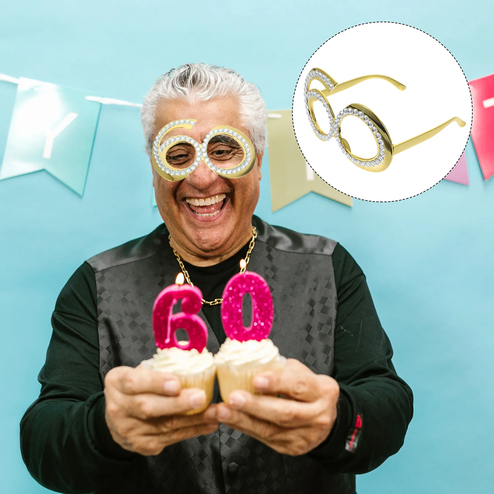 60th Birthday Golden Number Crystal Frame Eyeglasses Rhinestones Costume Sunglasses Novelty Eyewear