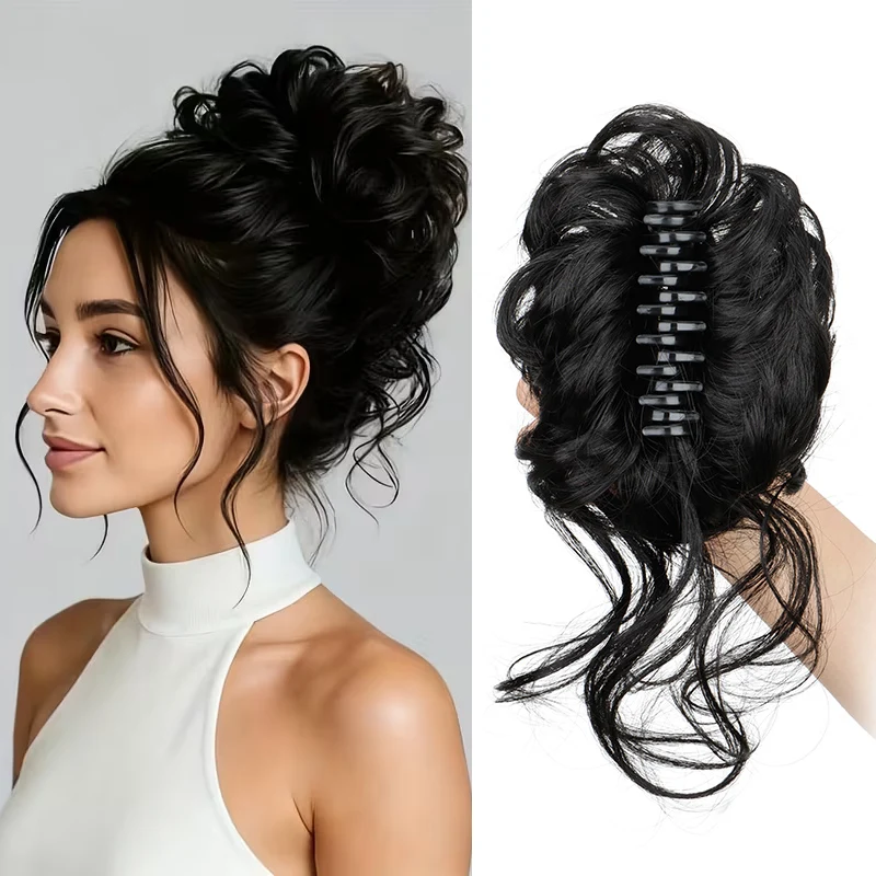 Chignon synthétique court ondulé bouclé désordonné élégant, pièce de cheveux à clip, chignon en désordre, extensions de cheveux pour femmes 1 Chignon synthétique court ondulé bouclé désordonné élégant, pièce de cheveux à clip, chignon en désordre, extensions de cheveux pour femmes 1