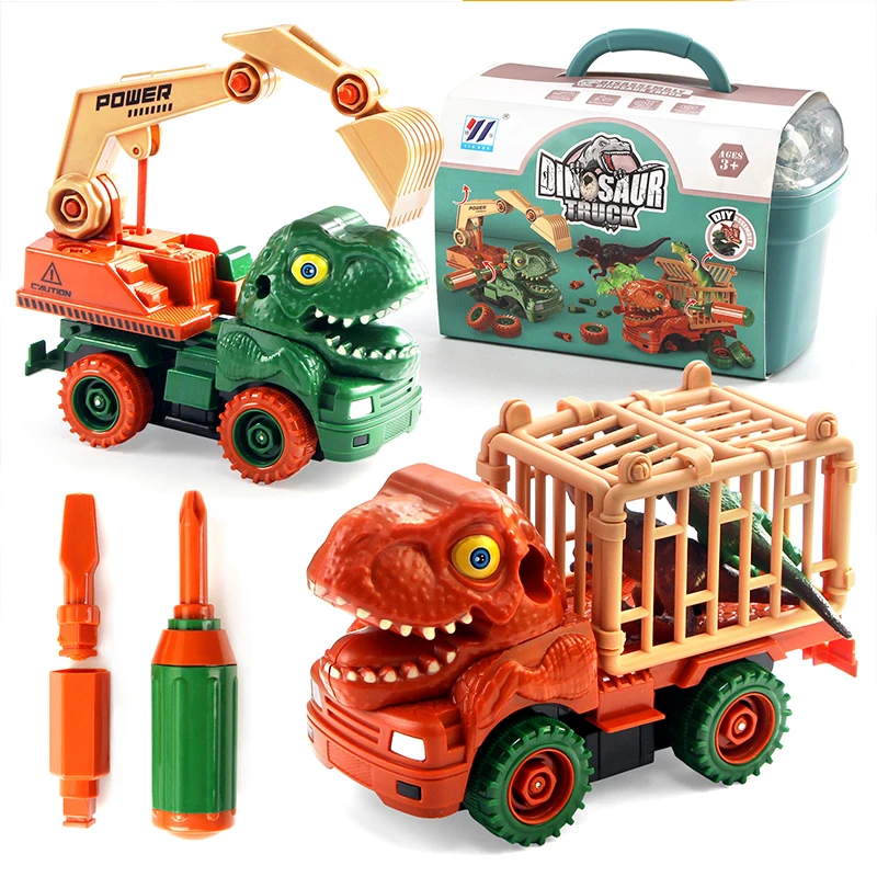 Kids Dinosaur Toys Playset with Transport Trucks Excavator Vehicle Dinosaur Model Disassemble Toys Xmas Gifts for Children Boys