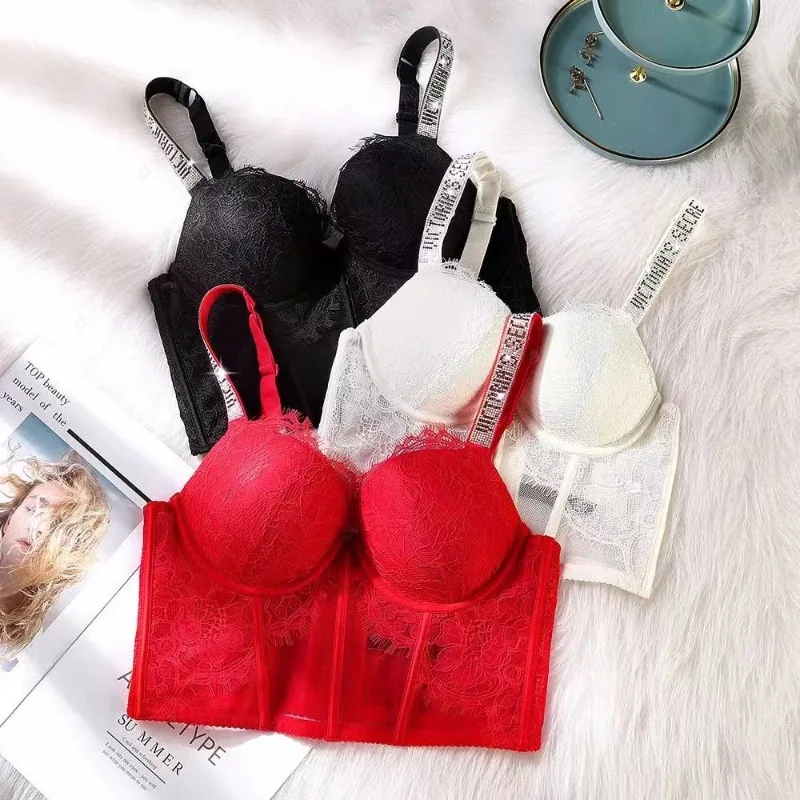 

Wholesale Lingerie Sexy Lace Rhinestone Letters Bra Women Underwear Push Up Large Size Vintage Lace Corset for Women Top Camis