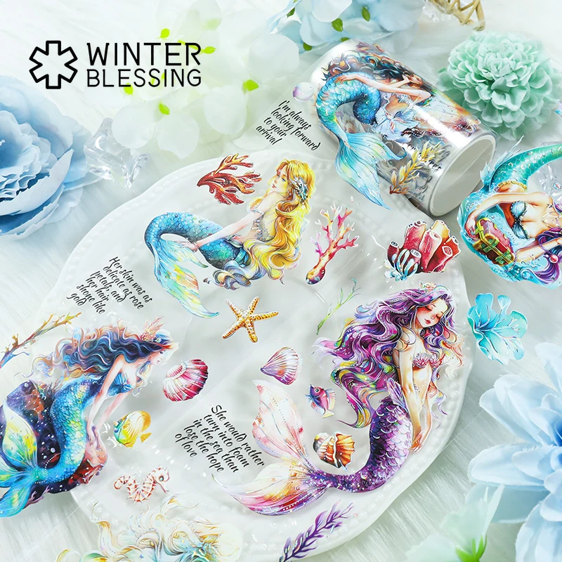 2m Laser Holographic Silvery Mermaid PET Washi Tape Starfish Transparent Roll Stickers Decorative Tape For Scrapbooking Journal 2