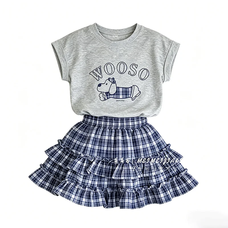 Toddler Girl 2Pcs Summer Outfits Cute Cartoon Print Short Sleeve T-Shirt Plaid Ruffle Skirt Set Kids Girls Casual Daily Clothes 6