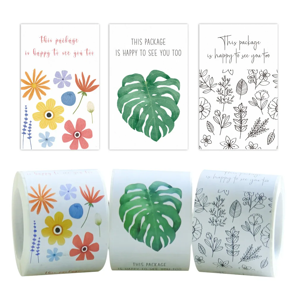 150pcs 5x8cm This Package Is Happy To See You Too Sticker for Gift Box Package Stickers Rectangle Flower Leaf Pattern Seal Label