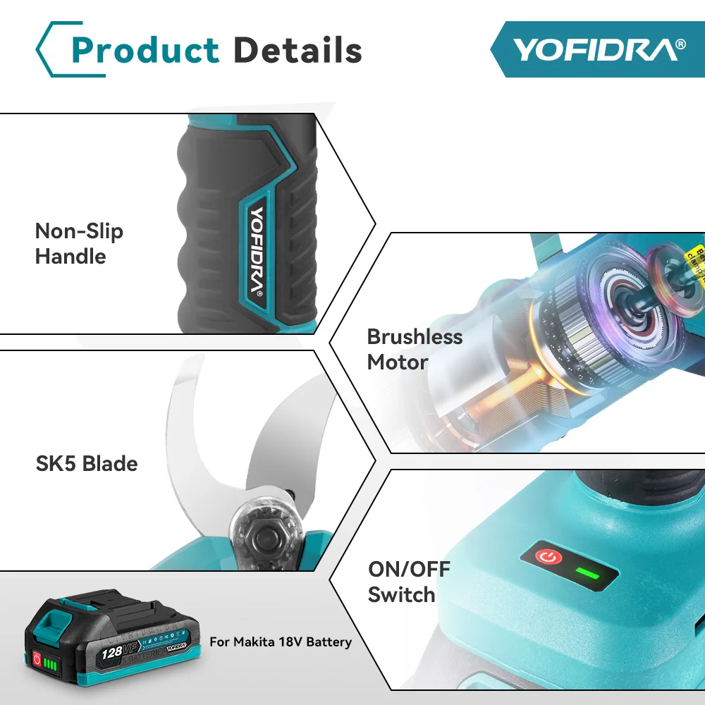 YOFIDRA 30mm Brushless Electric Pruning Shears 2 Gear Cordless Garden Electric Scissors Beautify Tool For Makita 18V-21V Battery 5