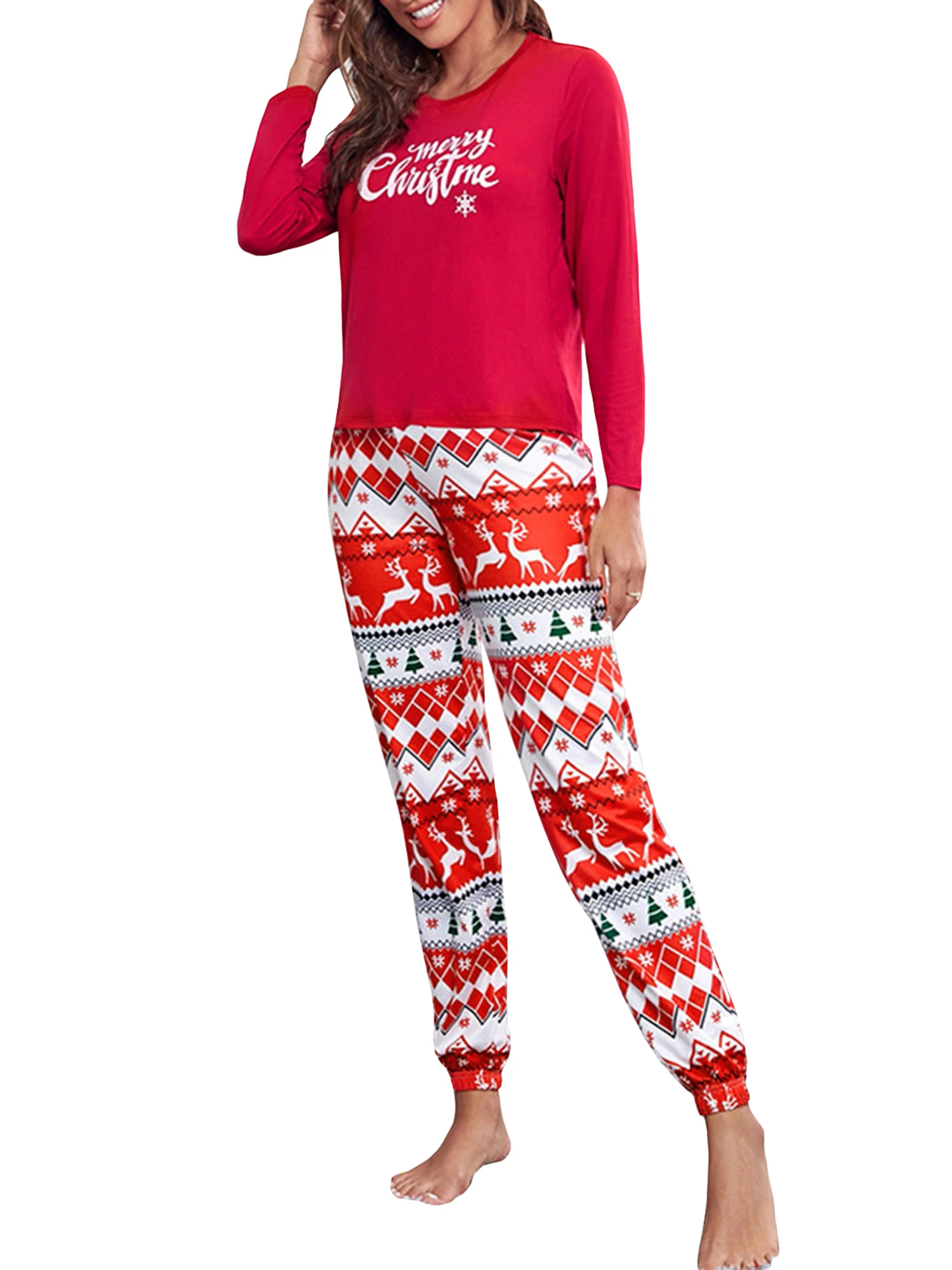 

Women s Christmas Pajama Set Festive Long Sleeve T-shirt with Santa Claus Print Pants Sleepwear Loungewear