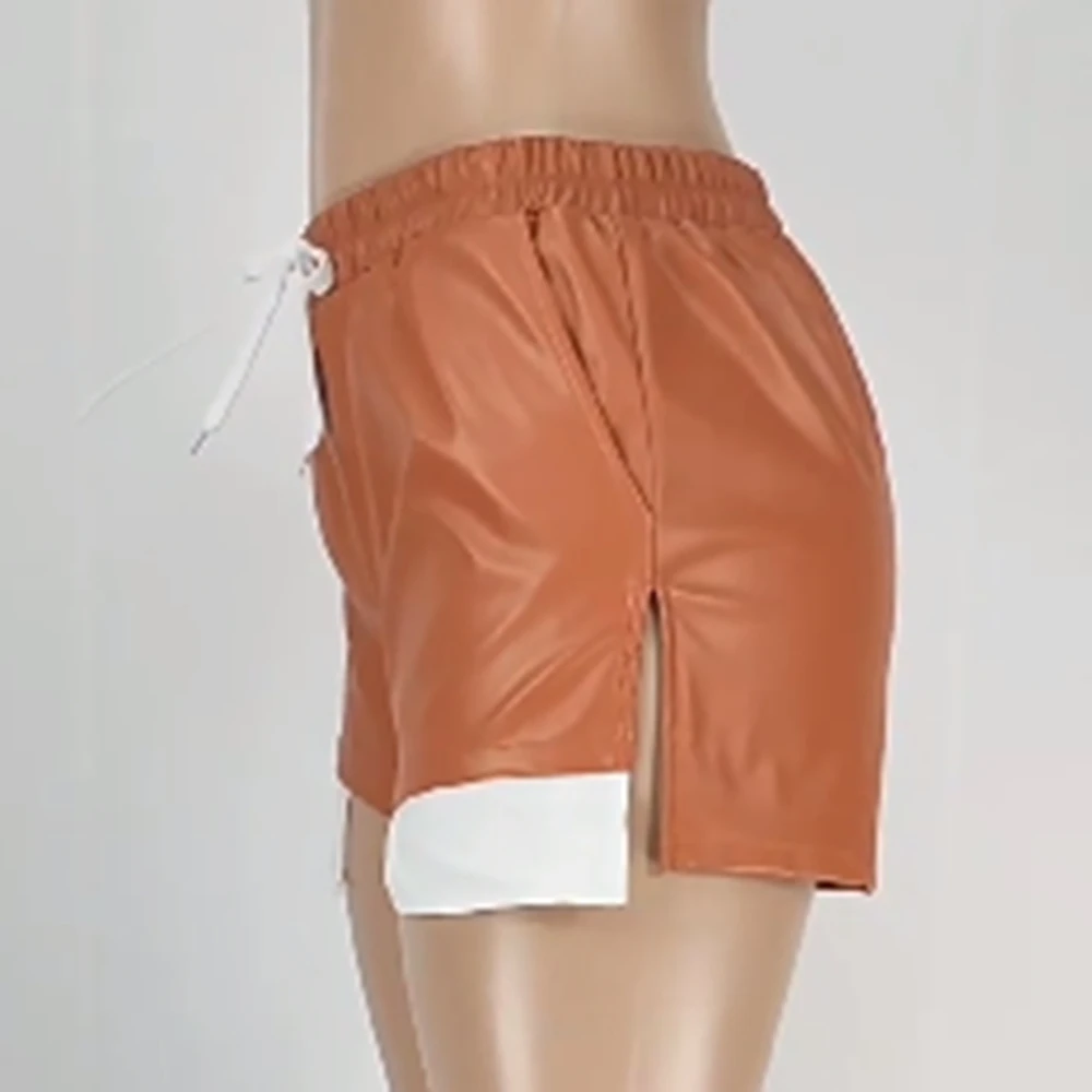 2023 Women's Casual Fitness Femme Summer Hem Split PU Leather Drawstring Shorts Pocket Stitching Lace-up Sports Streetwear S-2XL