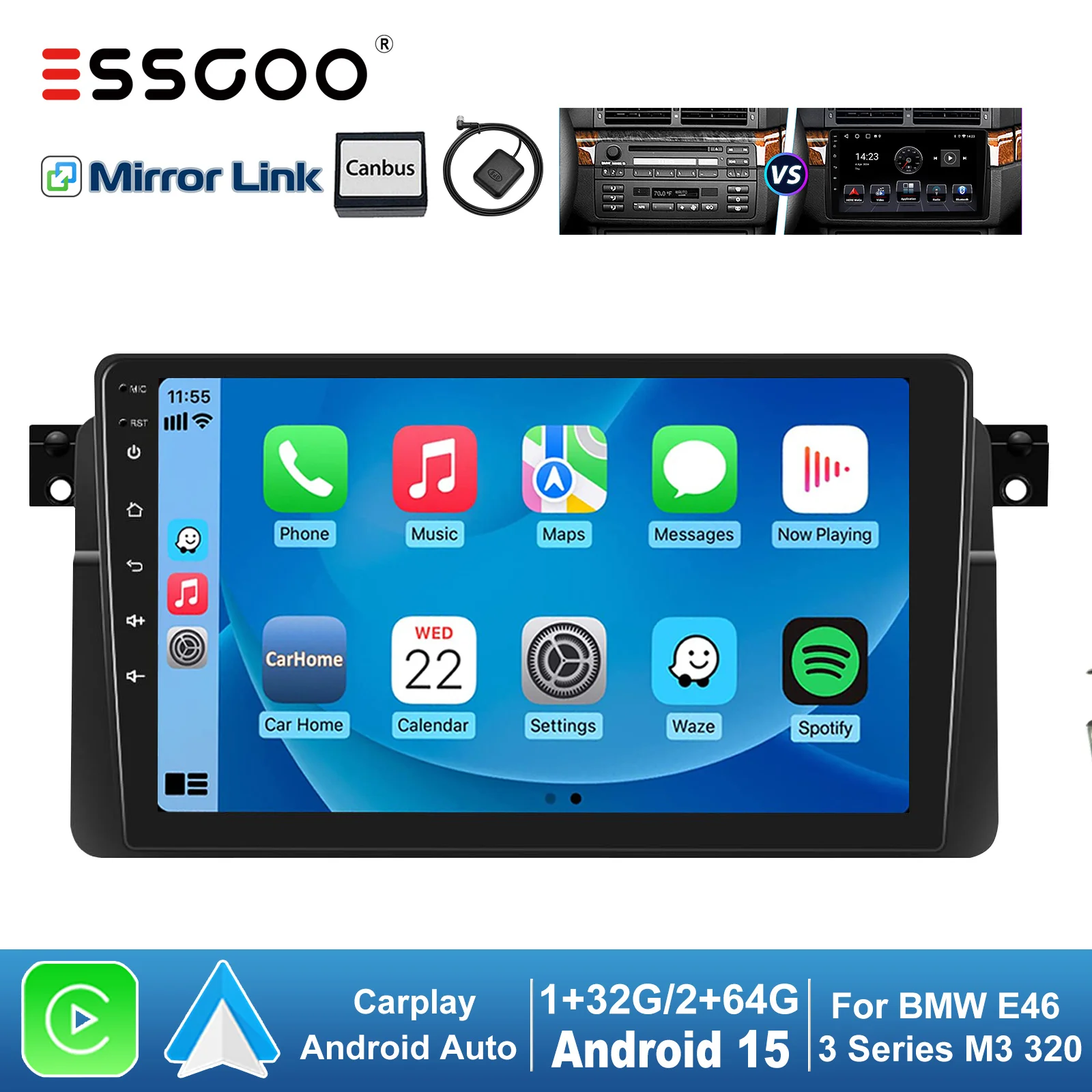 ESSGOO 9" Android 15 Car Stereo Radio for BMW E46/ M3 / Rover 75 / MG ZT (1998-2006) Carplay/Android Auto Touchscreen GPS Nav BT
