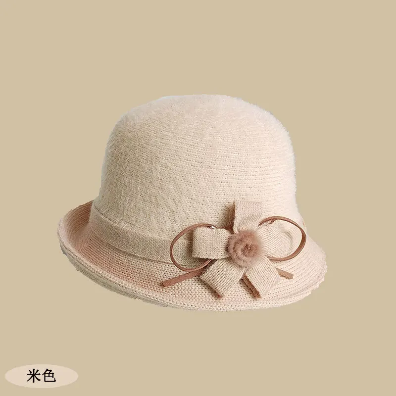 

Old Women Cap Mink Wool Splicing Hat Autumn Winter Flower Fisherman Hat Warm Mother Grandmother