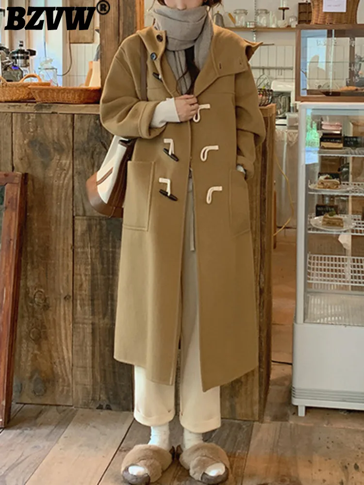 

BZVW Hooded Cowhorn Button Double Sided Cashmere Coat For Women 2023 Winter New Office Lady Fashion Loose Coat Female 25X3741