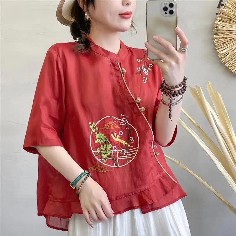 Chinese Traditional Shirts Chic Embroidery Slanted Placket Button Up Blouse Casual Short Sleeve Tops Hanfu Tang Suit Summer