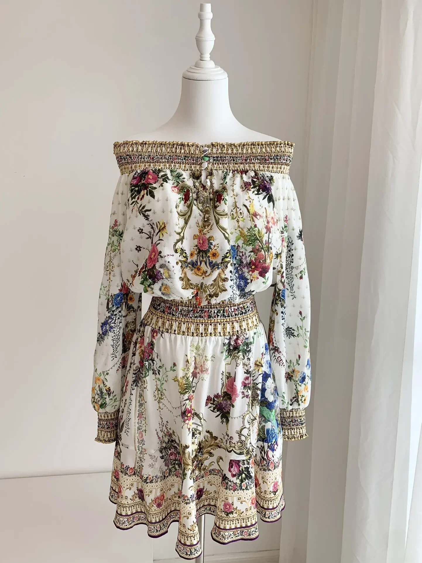 

High Quality Autumn Women Fashion Runway Designer 100% Silk Slash Neck Flower Printed Beaded Elastic Waist Casual Mini Dress