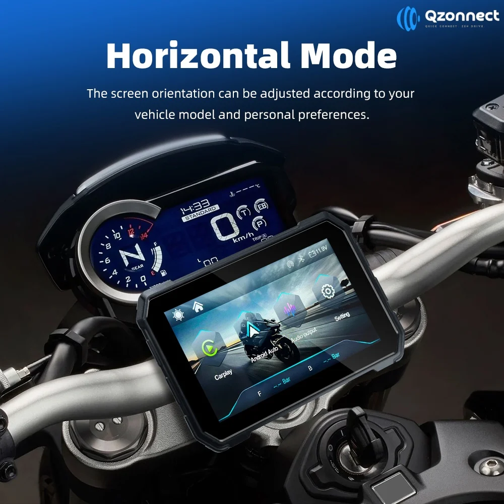 Qzonnect 5인치 회전식 수직/수평 오토바이 스크린 무선 CarPlay 안드로이드 오토 폰 연결 (독립 GPS 없음)