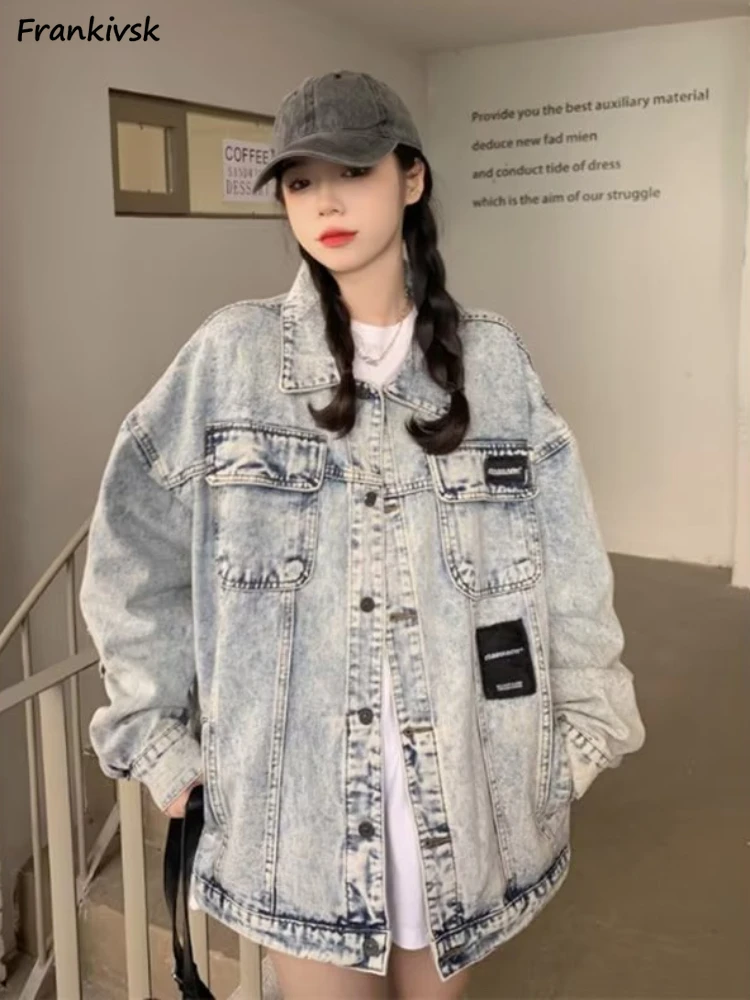 

Women Jackets Denim European Blocking Lapel Outer Streetwear Stylish Multi Pockets All-match Schoolgirl Baggy Retro Chic