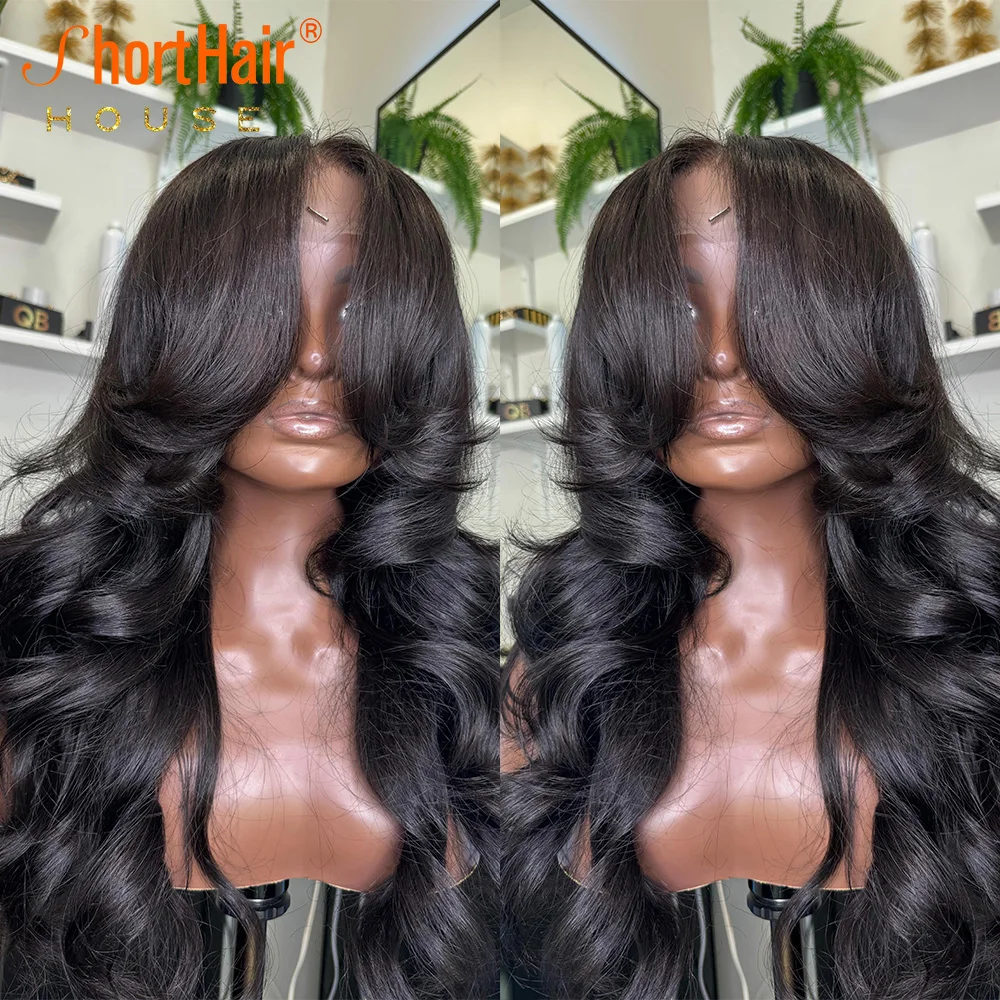 99j Human Hair Wigs With Curtain Bangs Layered Style Wigs Human Hair Glueless 7x5 4x4 Lace Closure Loose Wave 360 Lace Wig