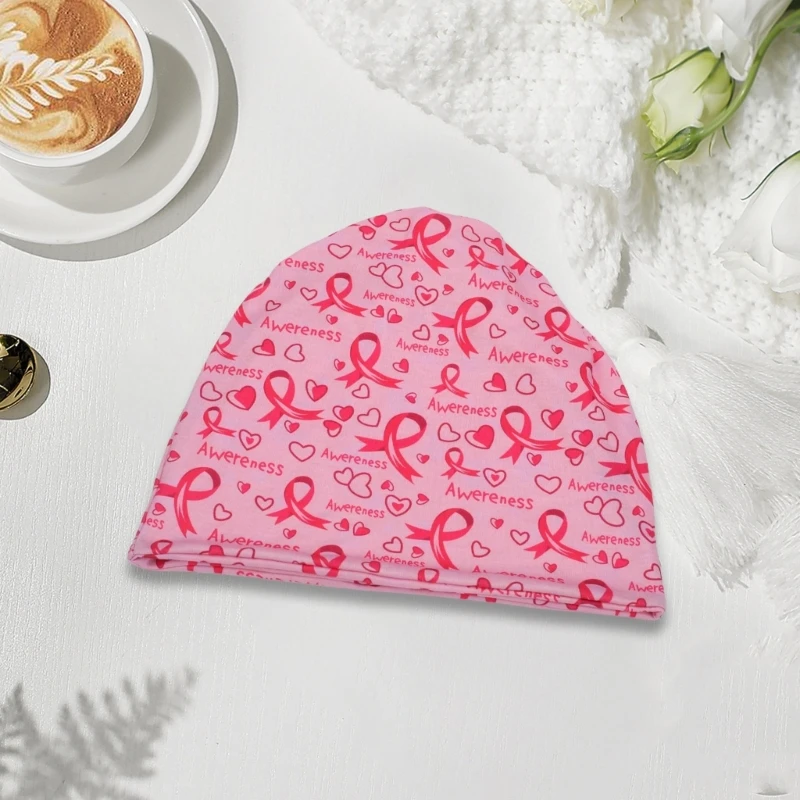 Breast Cancers Awareness Elastic Skull Hat Ribbon Printed Pattern Caps for Women 3
