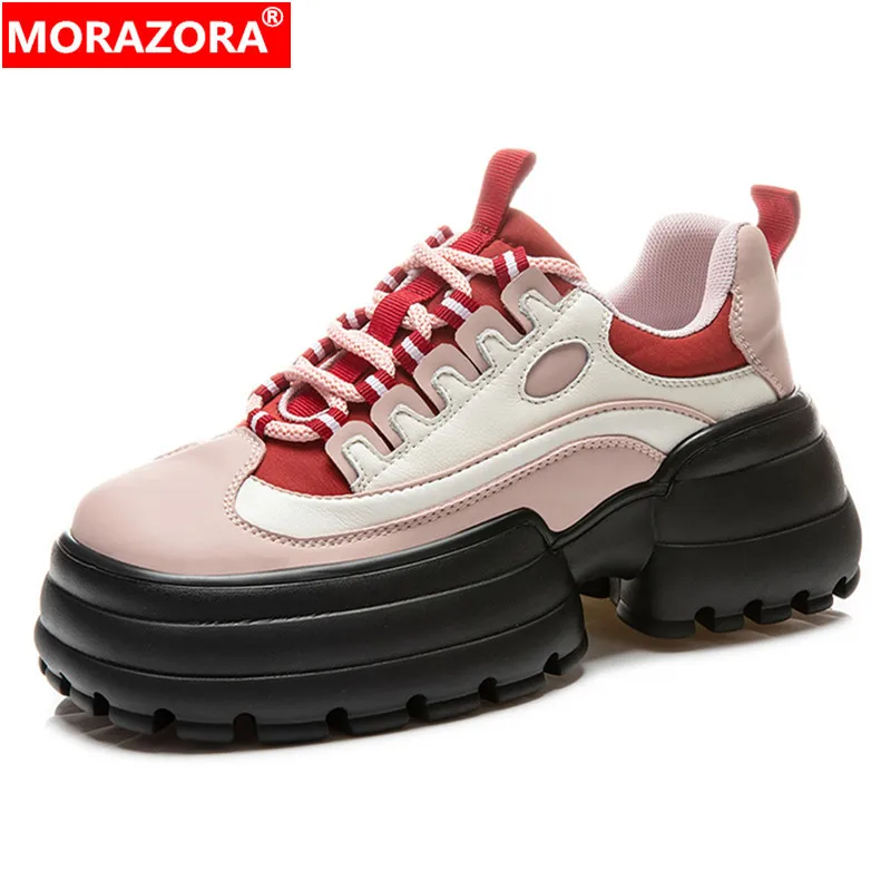 

MORAZORA 2023 New Mixed Colors Mesh Flats Lace Up Genuine Leather Sneakers Women Shoes Ladies Casual Flat Platform Shoes