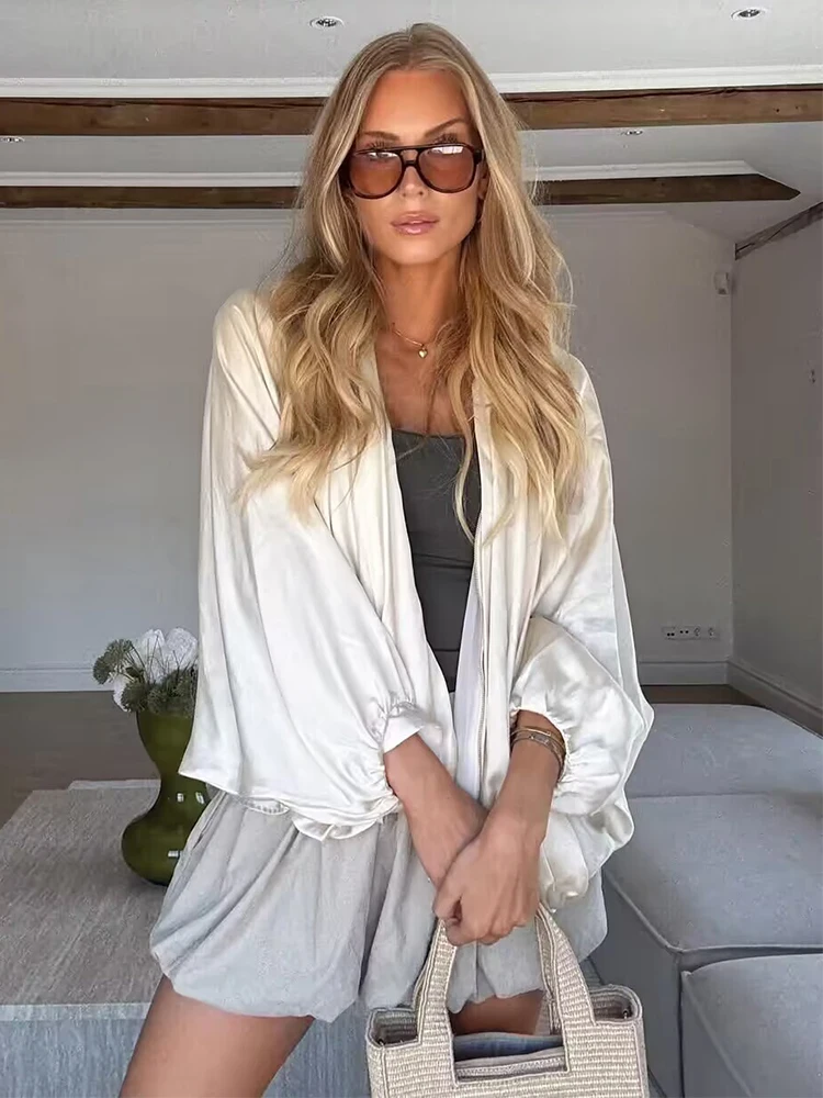 Chic Casual Soft Bomber Jackets Women Long Lantern Sleeve Oversized Spring Autumn Coats Fashion 2025 Streetwear Zipper Outerwear