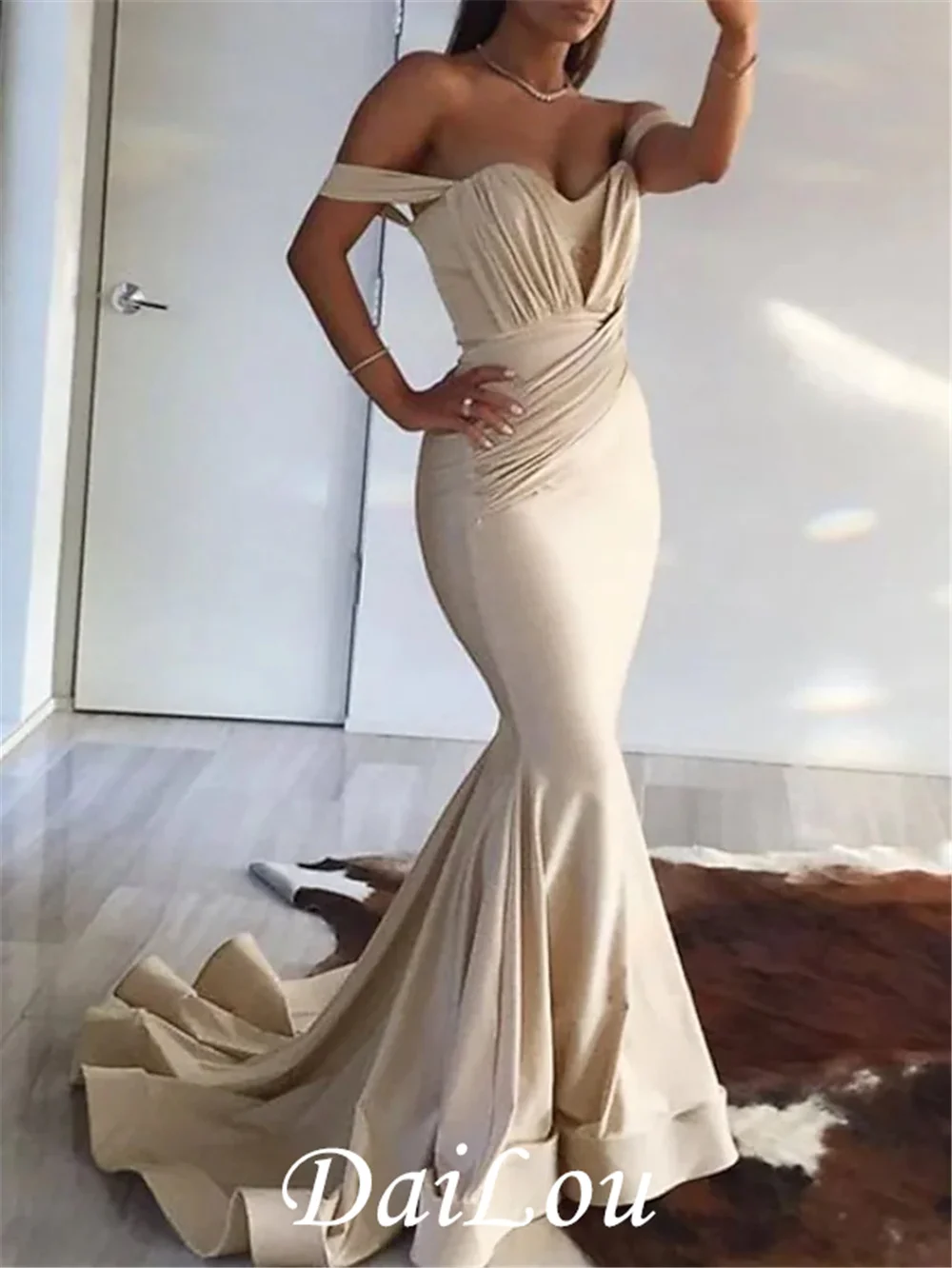 

Trumpet Minimalist Sexy Wedding Guest Formal Evening Dress Off Shoulder Sleeveless Court Train Spandex with Pleats Ruched