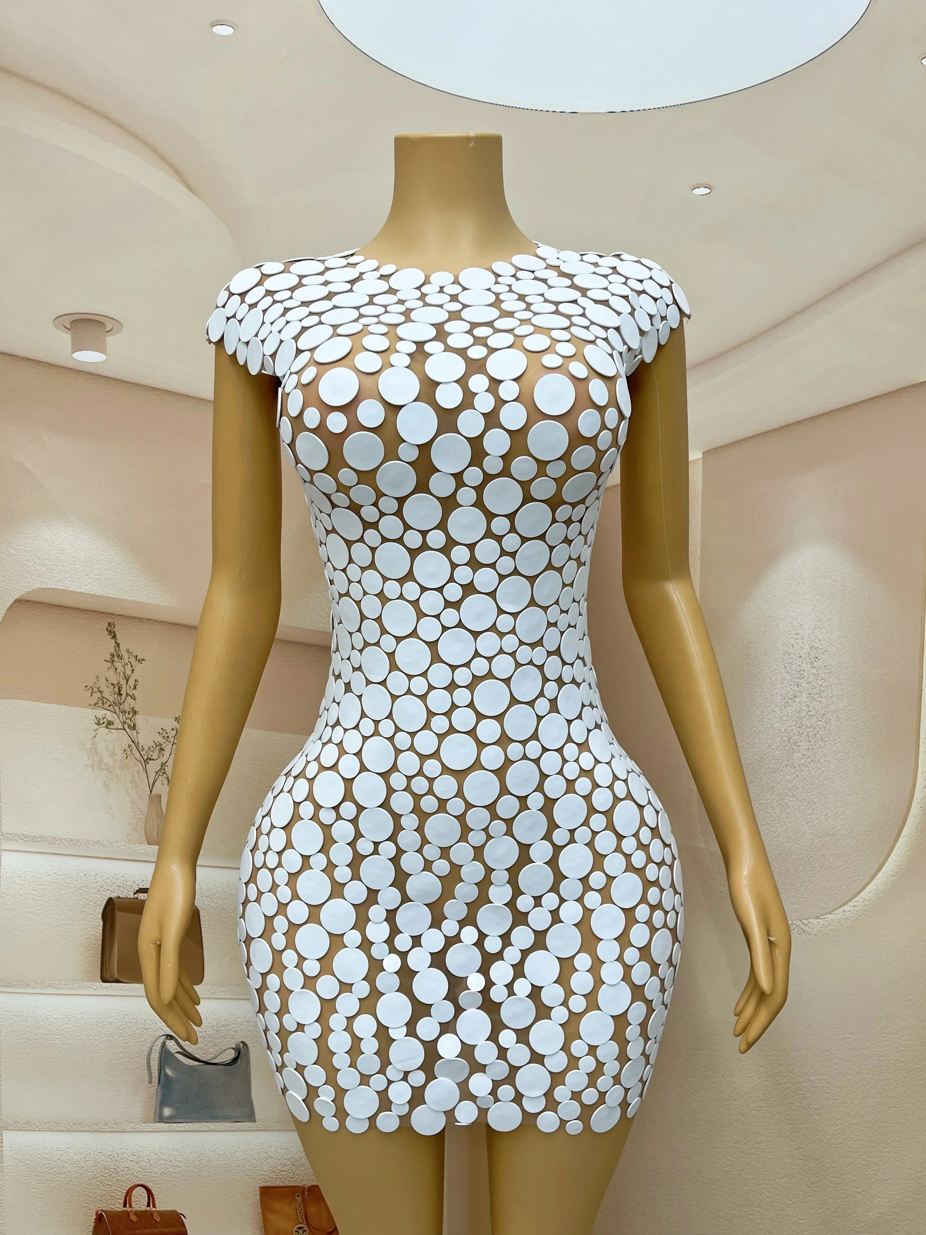 Fashion Designed Special White Points Foam Dress Women Singer Birthday Evening Celebrate Stretch Costume Party xiaoxue
