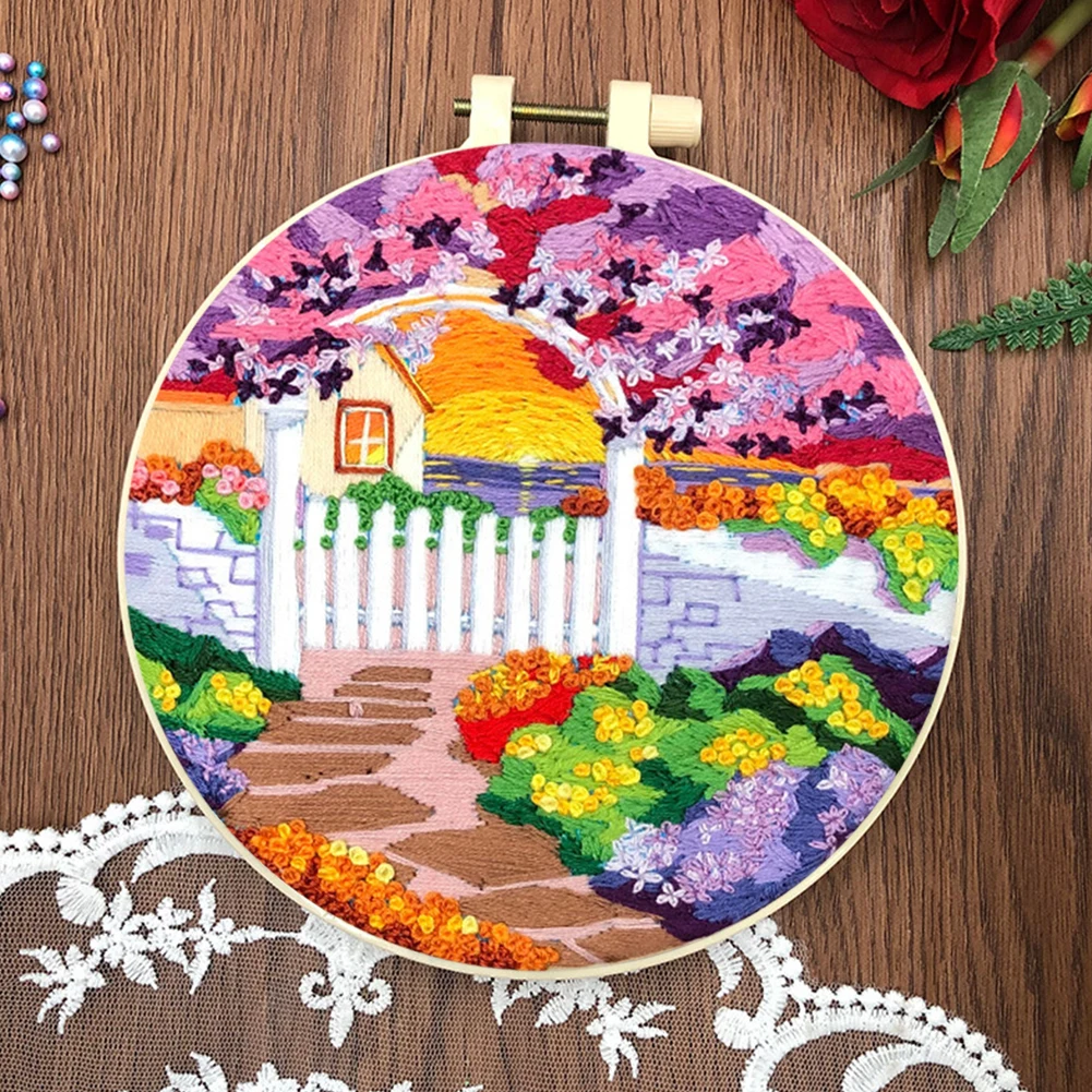 Landscape Stamped Cross Stitch Embroidery Kits Hoop Cloth Color Thread